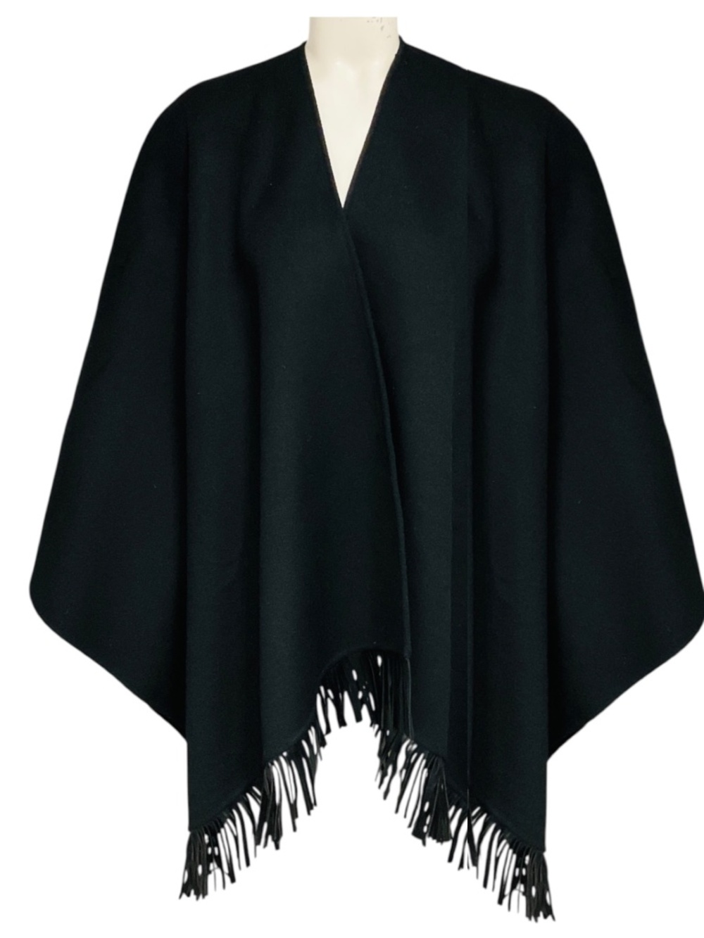 ANNE FONTAINE BLACK FRINGED LEATHER HEM WOOL CAPE